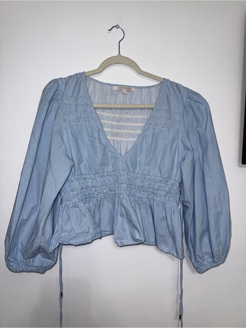 Light Blue Smocked V-Neck Peasant Blouse